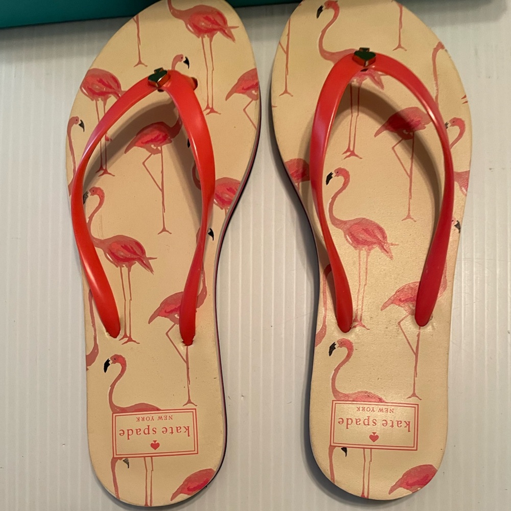 kate spade Beige Flamingo Print Flip Flop Sandals with Coral Straps